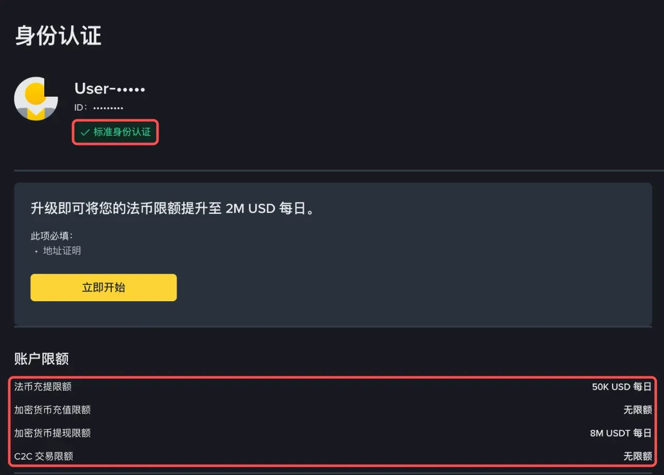 币安身份认证页面，显示标准身份认证和账户限额