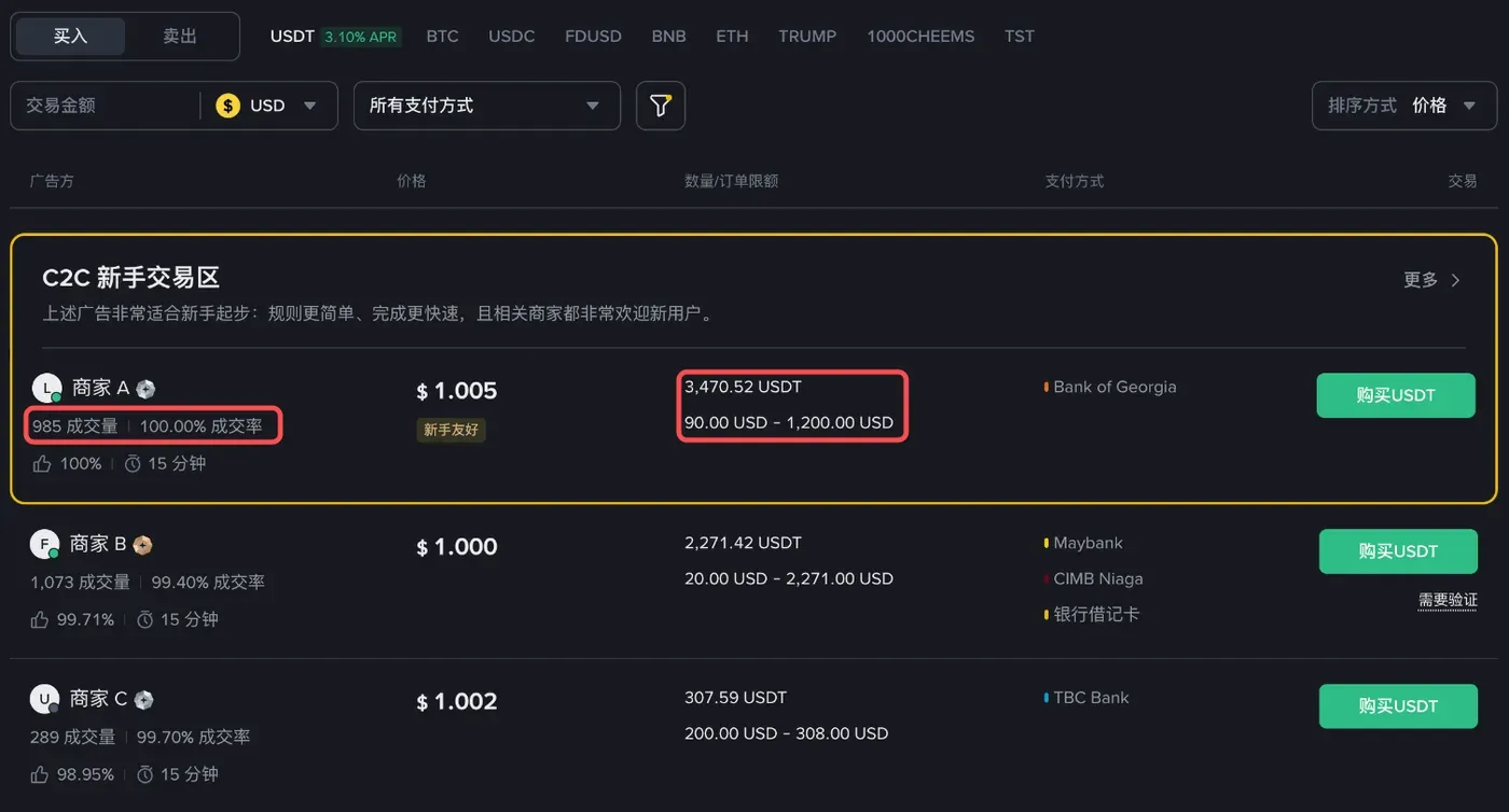 幣安 P2P 購買 USDT 的商家列表