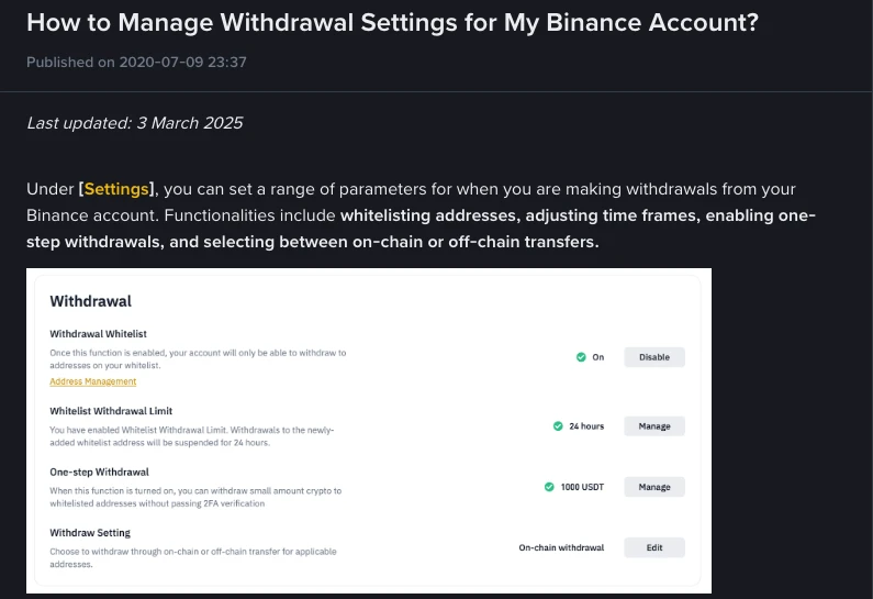 Ảnh chụp trang hỗ trợ Binance về thiết lập rút tiền, hiển thị bốn mục: Withdrawal Whitelist đang bật, Whitelist Withdrawal Limit 24 giờ, One-step Withdrawal 1000 USDT và Withdraw Setting on-chain