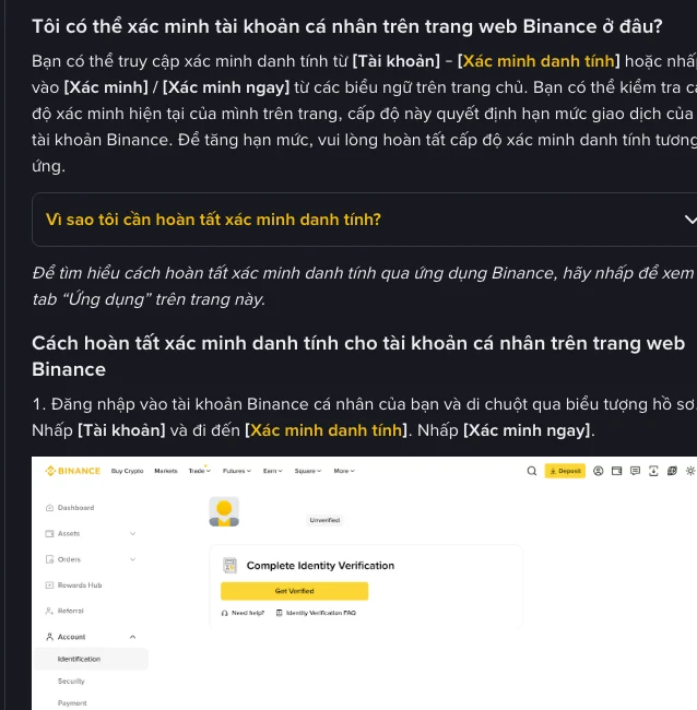 Trang hỗ trợ Binance tiếng Việt hướng dẫn vào Tài khoản rồi Xác minh danh tính để xem cấp xác minh và hạn mức giao dịch của tài khoản