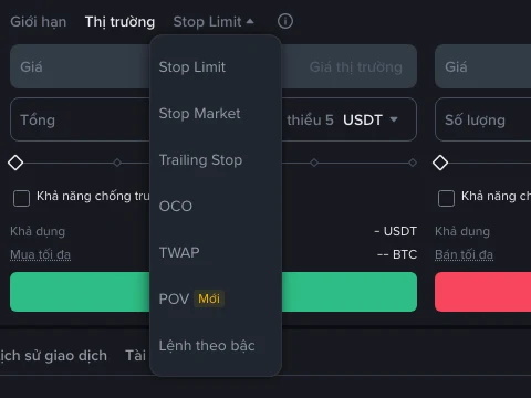 Menu loại lệnh trên trang giao dịch Spot của Binance hiển thị Stop Limit, Stop Market, Trailing Stop, OCO, TWAP, POV và Lệnh theo bậc