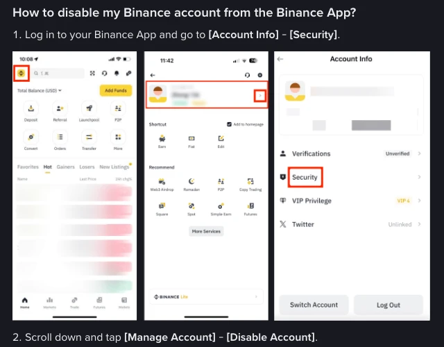Ảnh chụp trang hỗ trợ Binance hướng dẫn vô hiệu hoá tài khoản trên ứng dụng, bước 1 vào Account Info rồi Security, bước 2 chọn Manage Account rồi Disable Account