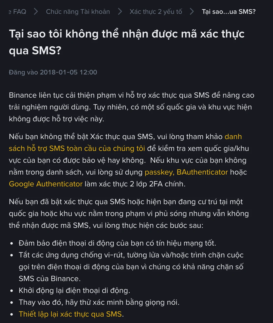 Ảnh chụp trang hỗ trợ tiếng Việt của Binance "Tại sao tôi không thể nhận được mã xác thực qua SMS?", liệt kê các bước: đảm bảo tín hiệu mạng tốt, tắt ứng dụng chống vi-rút và trình chặn cuộc gọi, khởi động lại điện thoại, thử xác minh bằng giọng nói, thiết lập lại xác thực qua SMS