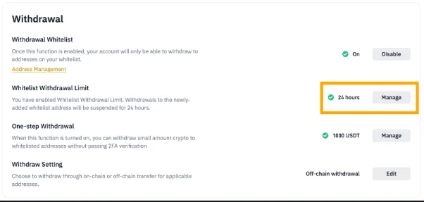 Trang cài đặt rút tiền của Binance với bốn mục: Withdrawal Whitelist đang bật, Whitelist Withdrawal Limit đặt 24 giờ, One-step Withdrawal 1000 USDT và Withdraw Setting chọn off-chain