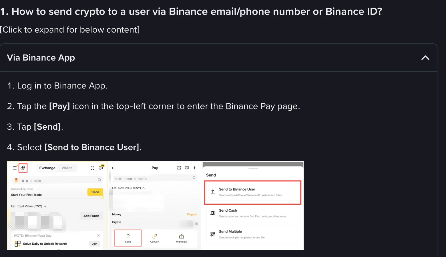 Ảnh chụp trang hỗ trợ Binance mô tả các bước Pay - Send - Send to Binance User, trong đó dòng mô tả ghi Send via Email/Phone/Binance ID. Instant and 0 fee
