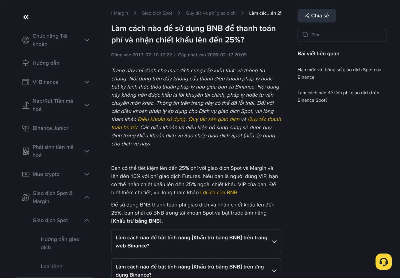 Trang hỗ trợ tiếng Việt của Binance về dùng BNB thanh toán phí, nêu mức giảm tối đa 25% cho Spot và Margin, 10% cho Futures và yêu cầu bật tính năng Khấu trừ bằng BNB
