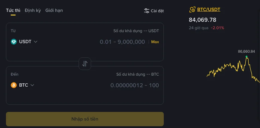 Giao diện Binance Convert tab Tức thì, ô Từ hiển thị USDT với khoảng 0,01 – 9.000.000 và ô Đến hiển thị BTC với khoảng 0,00000012 – 100