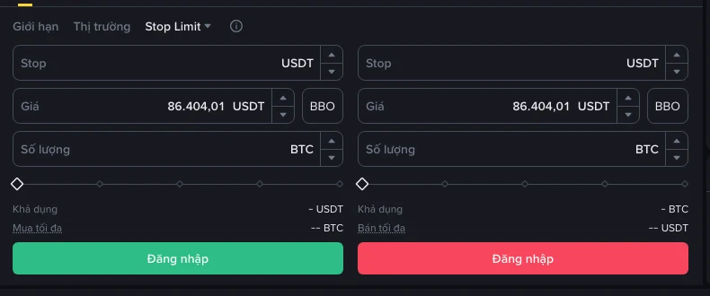 Khung đặt lệnh Stop Limit trên Binance Spot với ba ô Stop, Giá và Số lượng ở cả phía mua và phía bán