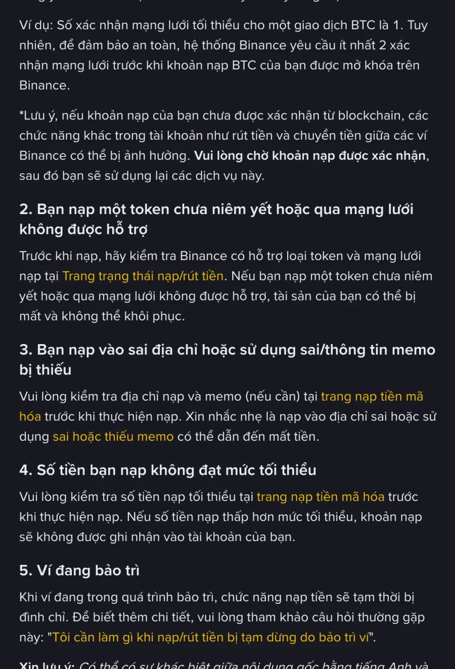 Ảnh chụp trang hỗ trợ tiếng Việt của Binance liệt kê các nguyên nhân khoản nạp chưa được ghi nhận: token chưa niêm yết hoặc mạng không hỗ trợ, sai địa chỉ hoặc thiếu memo, số tiền dưới mức tối thiểu, ví đang bảo trì